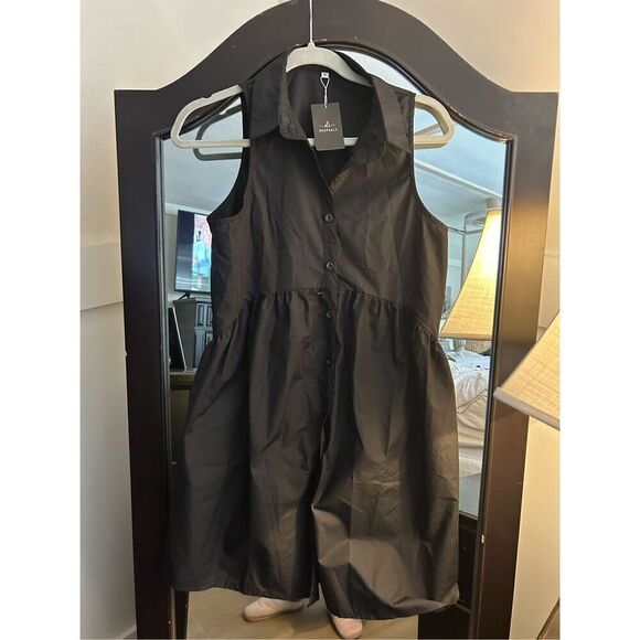 NEW Black Collared Shirt Dress Button Down Mini Dress Pockets M - Picture 7 of 7